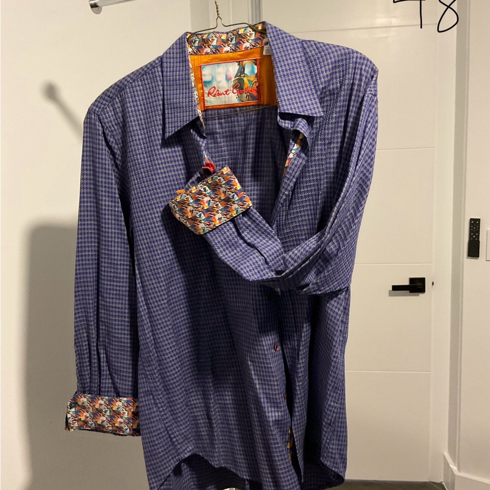 Robert Graham Navy Plaid Shirt with Floral Accents